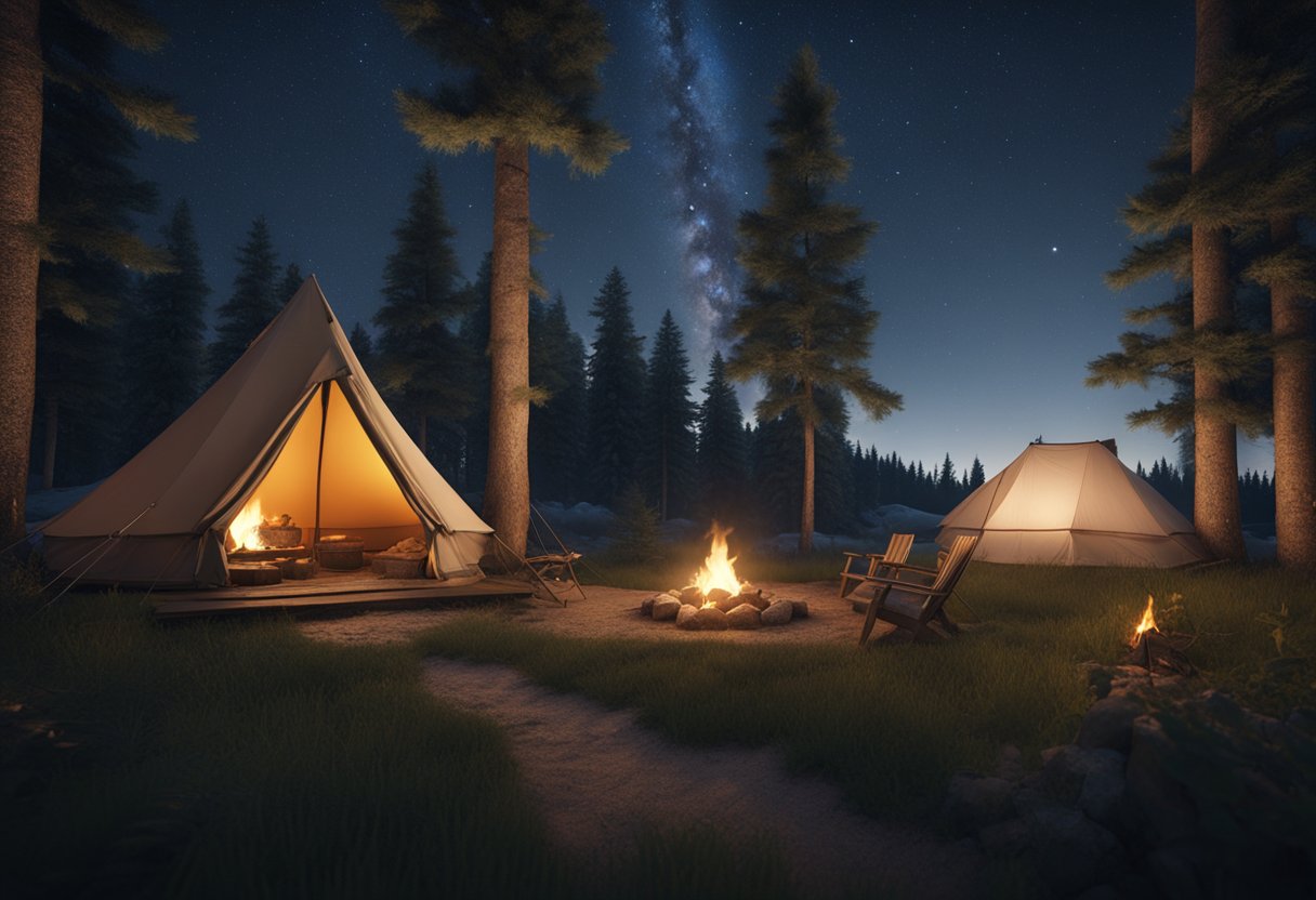 A cozy tent nestled in a lush Ontario forest, with a crackling campfire, and a starry night sky above