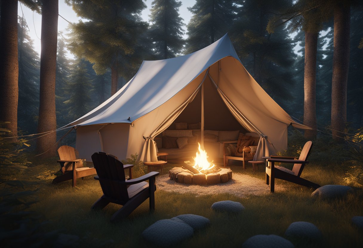 A cozy tent nestled in a lush Ontario forest, with a crackling campfire, comfy chairs, and twinkling string lights creating a warm and inviting atmosphere