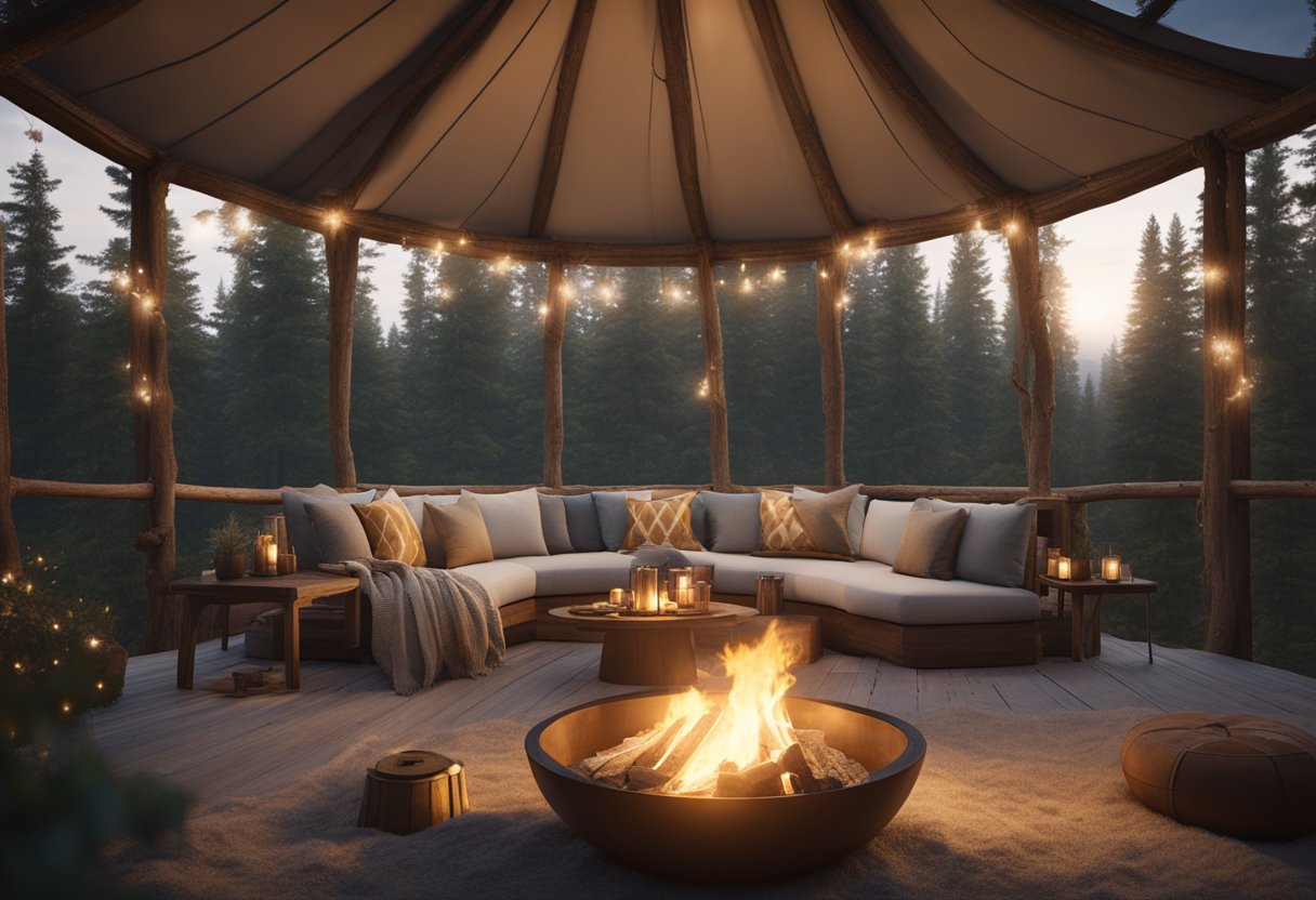 A luxurious glamping tent nestled in a serene Ontario forest. A crackling firepit and cozy seating area invite relaxation under the stars