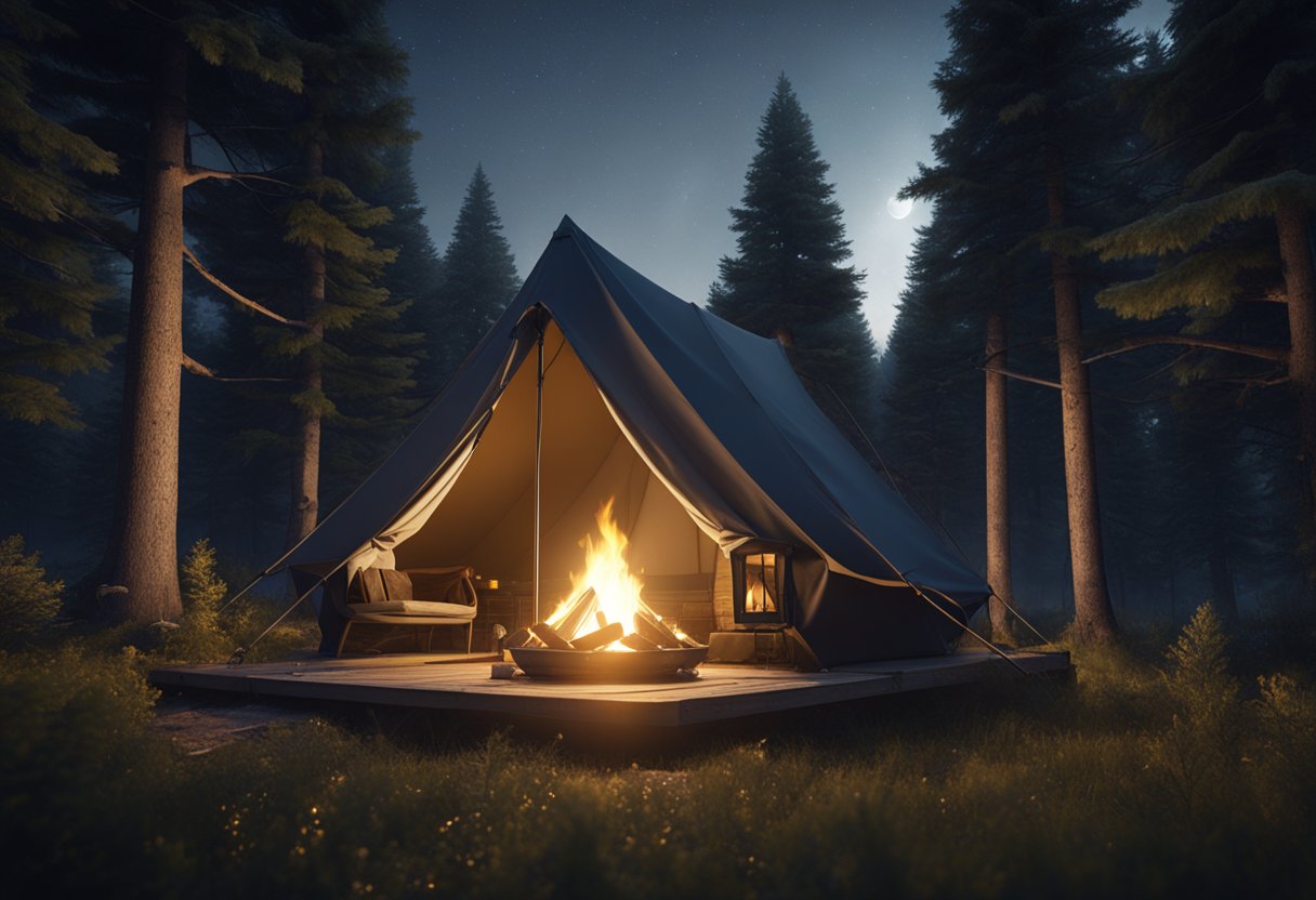 A cozy tent nestled in a lush Ontario forest, with a crackling campfire and a starry night sky above
