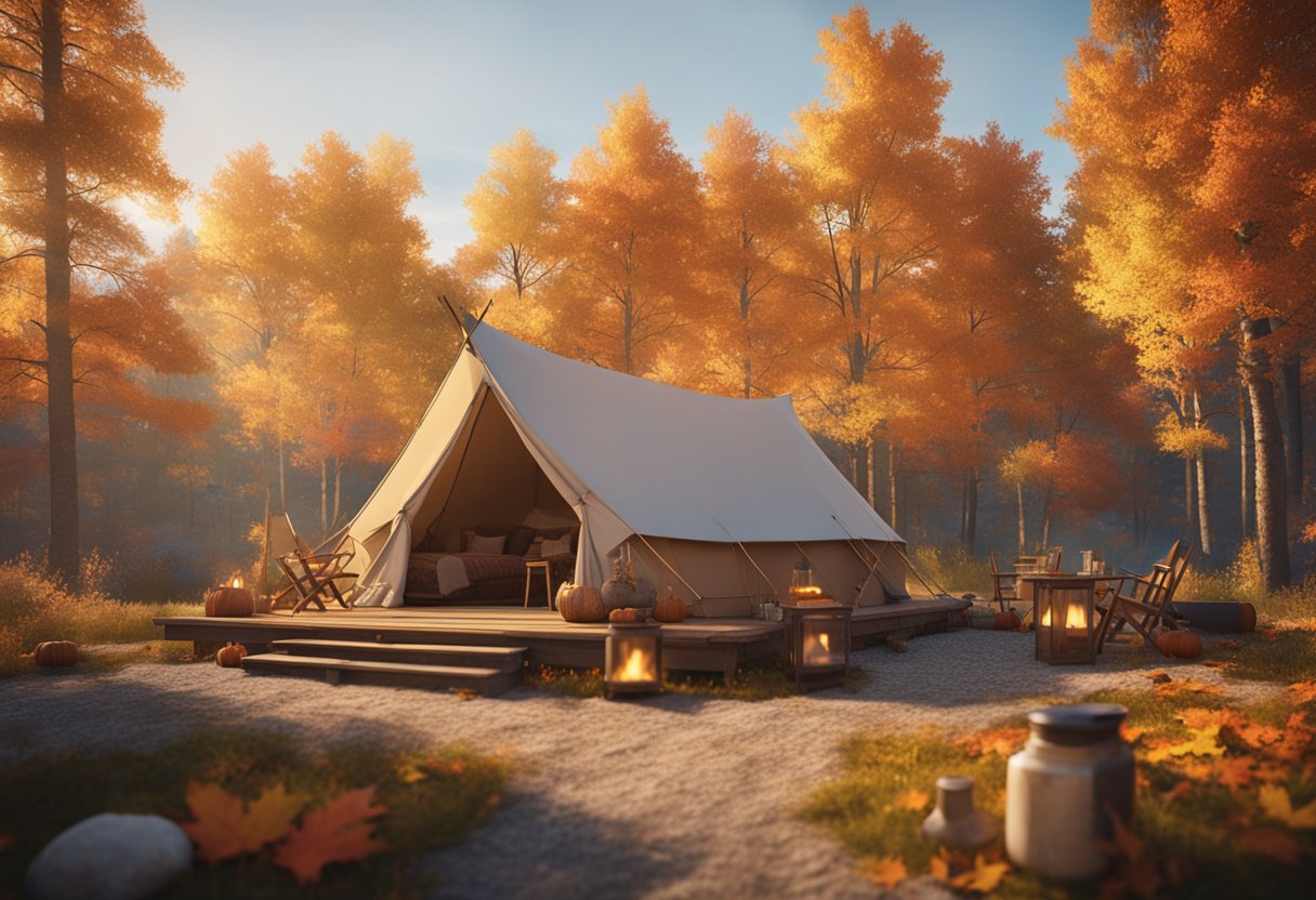 A cozy glamping site in Ontario, with colorful fall foliage, a crackling campfire, and a rustic canvas tent surrounded by nature