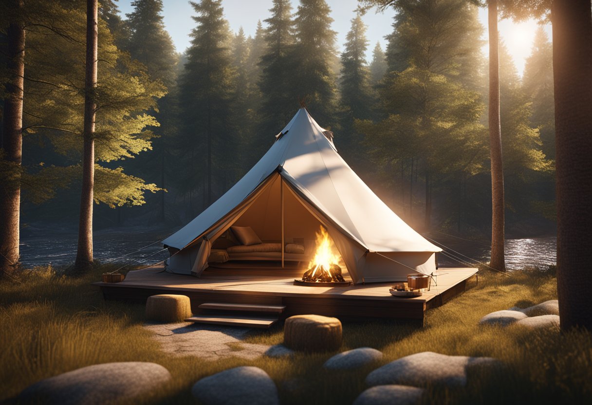 A cozy tent nestled in a lush Ontario forest, with a crackling campfire and comfortable seating. Nearby, a serene lake glistens in the sunlight, offering the perfect backdrop for a glamping trip