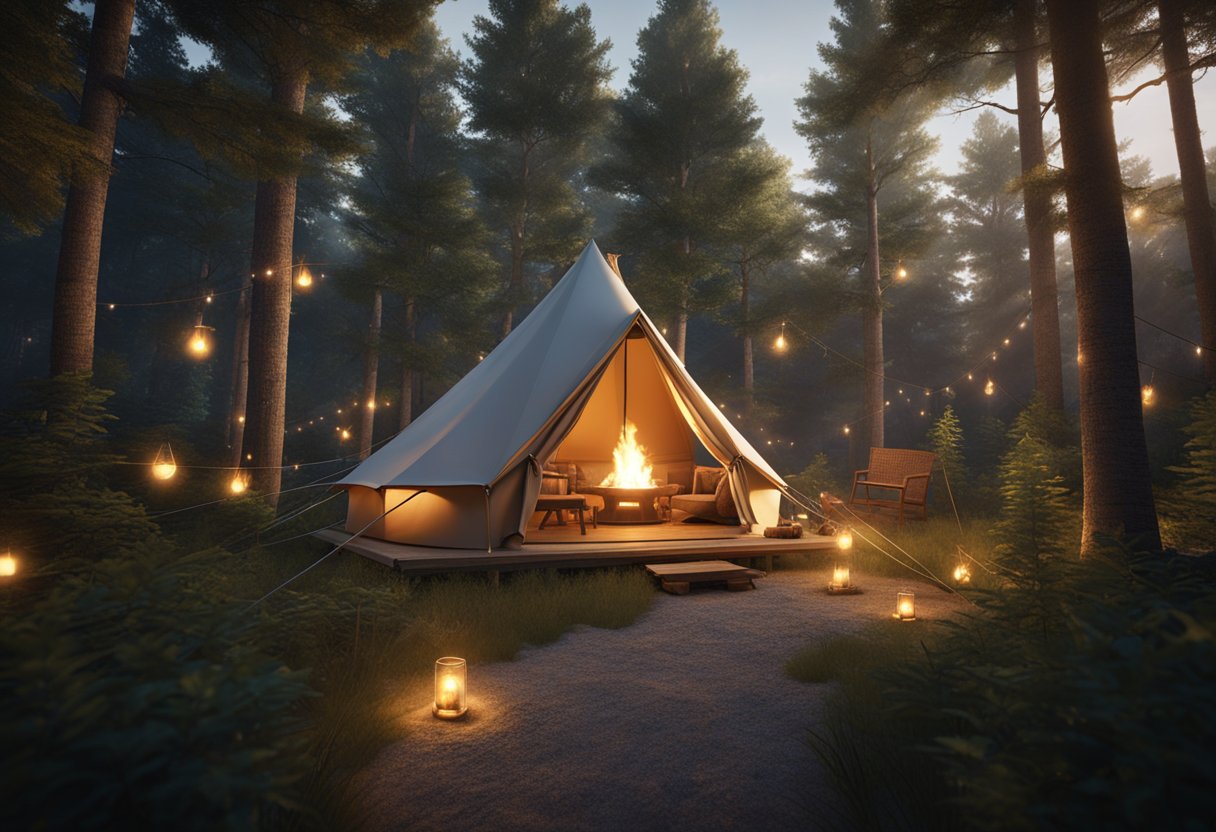A cozy tent nestled in a lush Ontario forest, with a crackling campfire and twinkling string lights illuminating the serene glamping site