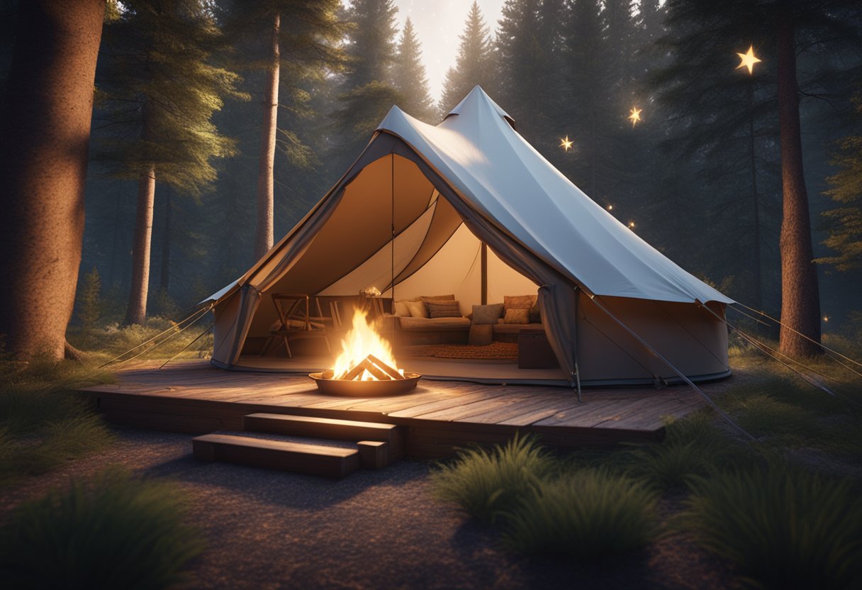 A cozy glamping tent nestled in a lush Ontario forest, with a crackling campfire and twinkling stars overhead