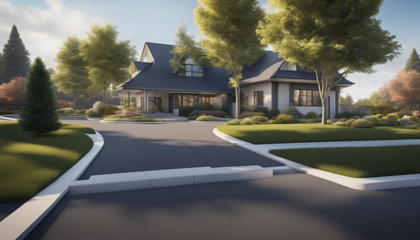A freshly resurfaced asphalt driveway with newly painted lines, surrounded by well-maintained landscaping and a neat, attractive exterior