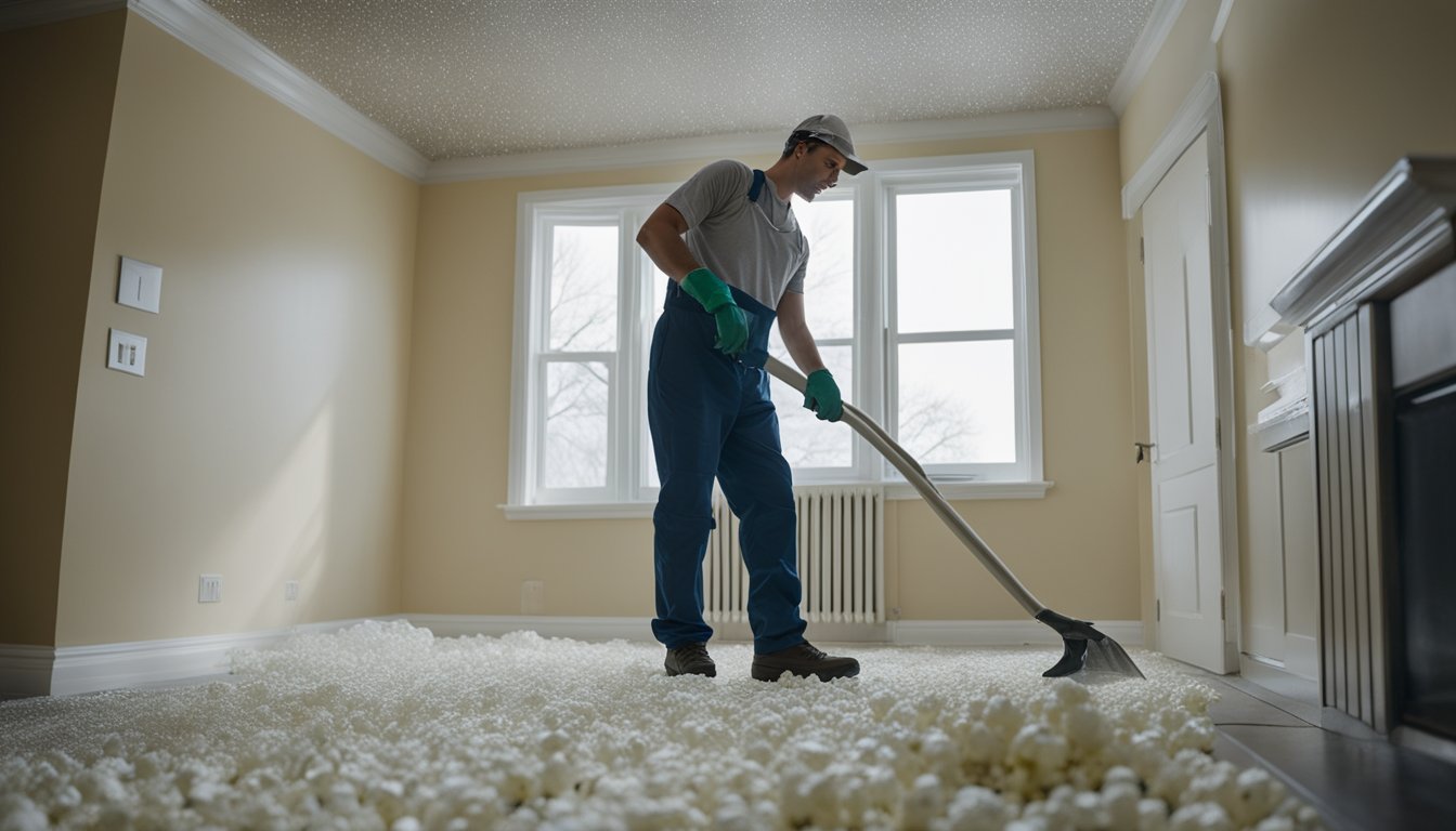 Close-up of popcorn ceiling texture being removed in a Toronto home