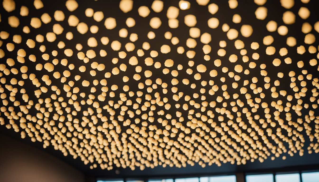 A room with a textured ceiling covered in small, bumpy protrusions resembling popcorn kernels