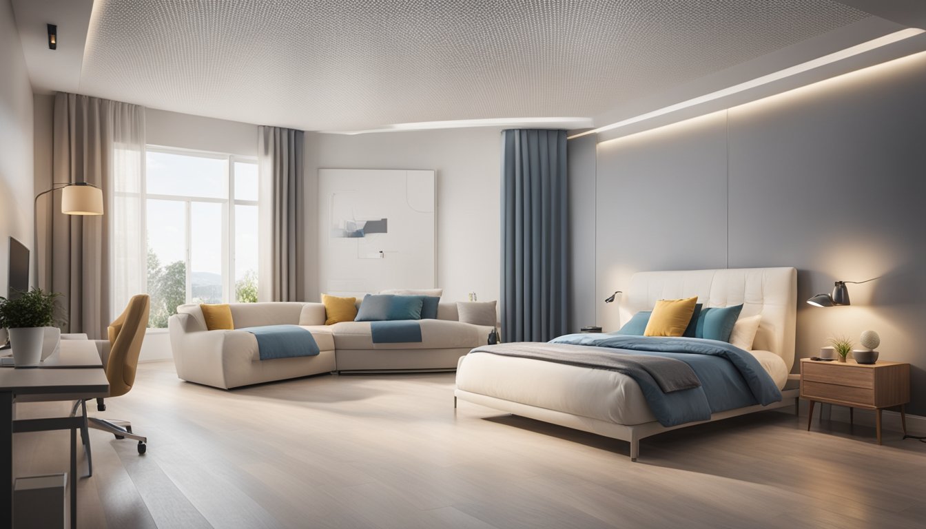 A room with a smooth ceiling after popcorn texture removal, with clean lines and a fresh, modern appearance