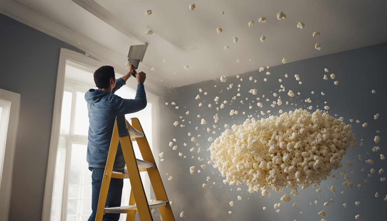 A person standing on a ladder, scraping off popcorn texture from a ceiling with a putty knife. Dust and debris falling to the floor below