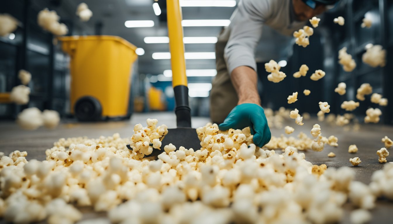 A worker scrapes off popcorn texture from a ceiling, with debris and tools scattered on the floor