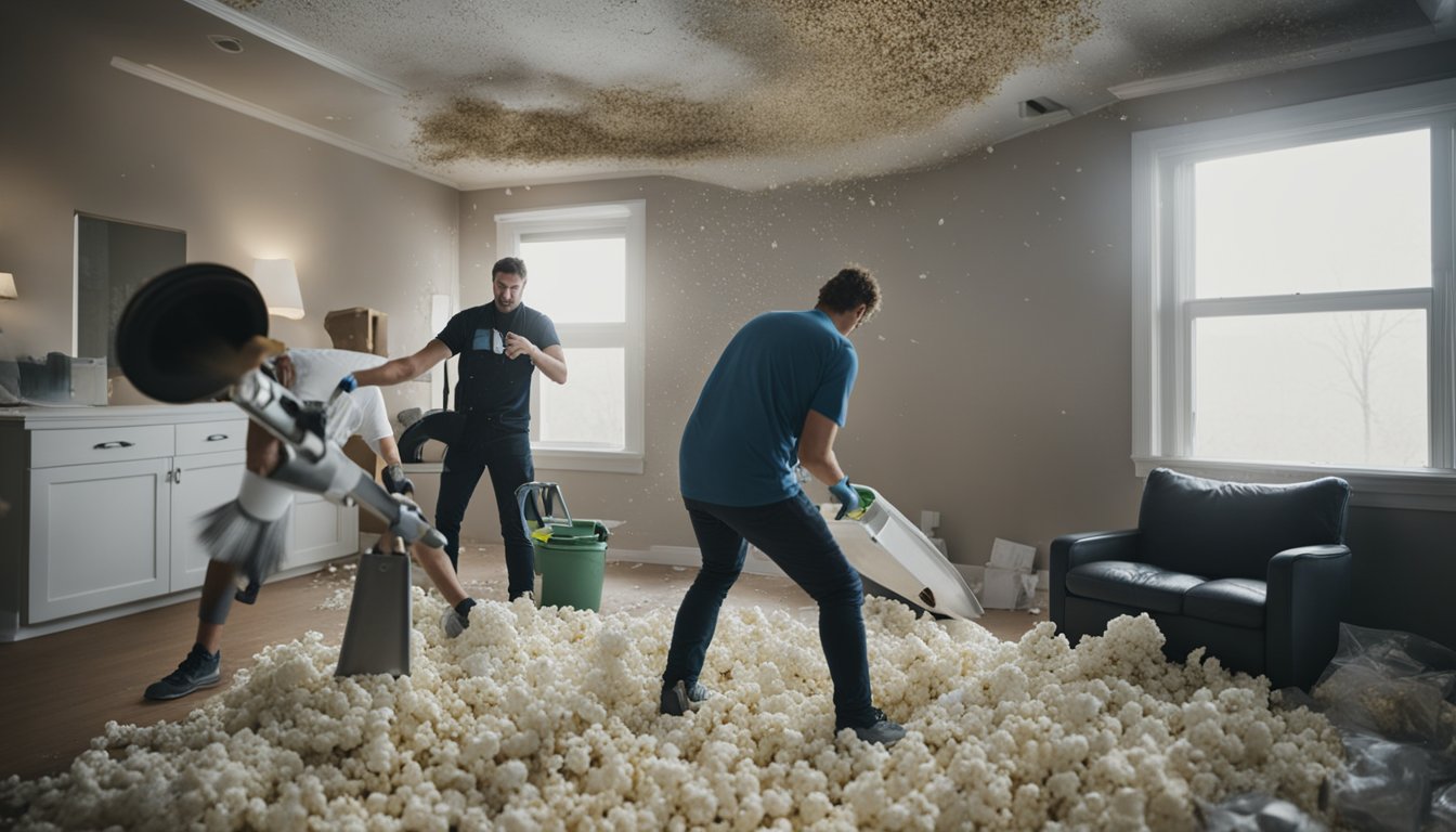 A professional team carefully removes popcorn ceiling while a DIY enthusiast struggles with tools and messy debris
