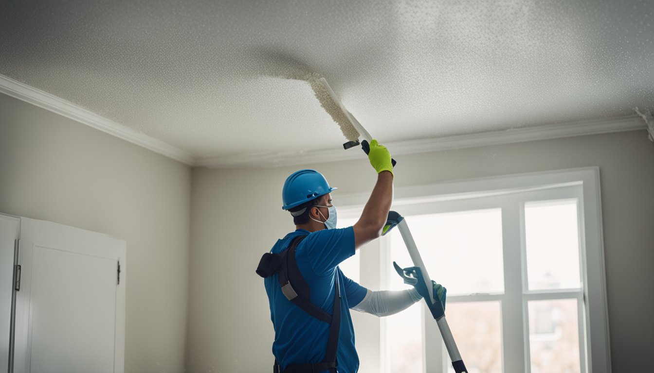 A worker scraping off popcorn ceiling texture in a Toronto home, with tools and protective gear scattered around the room
