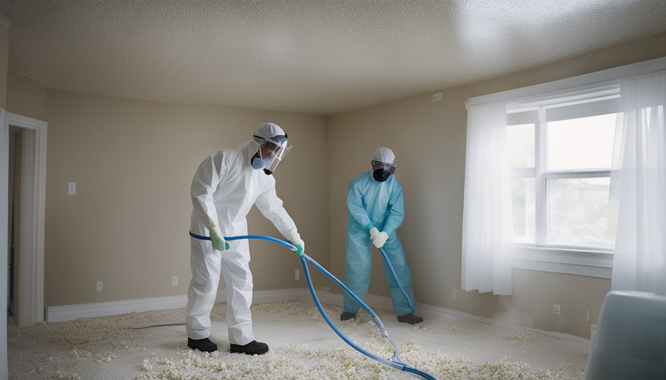 A person wearing protective gear scrapes a popcorn ceiling in a Toronto home, with plastic sheeting covering the floor and furniture