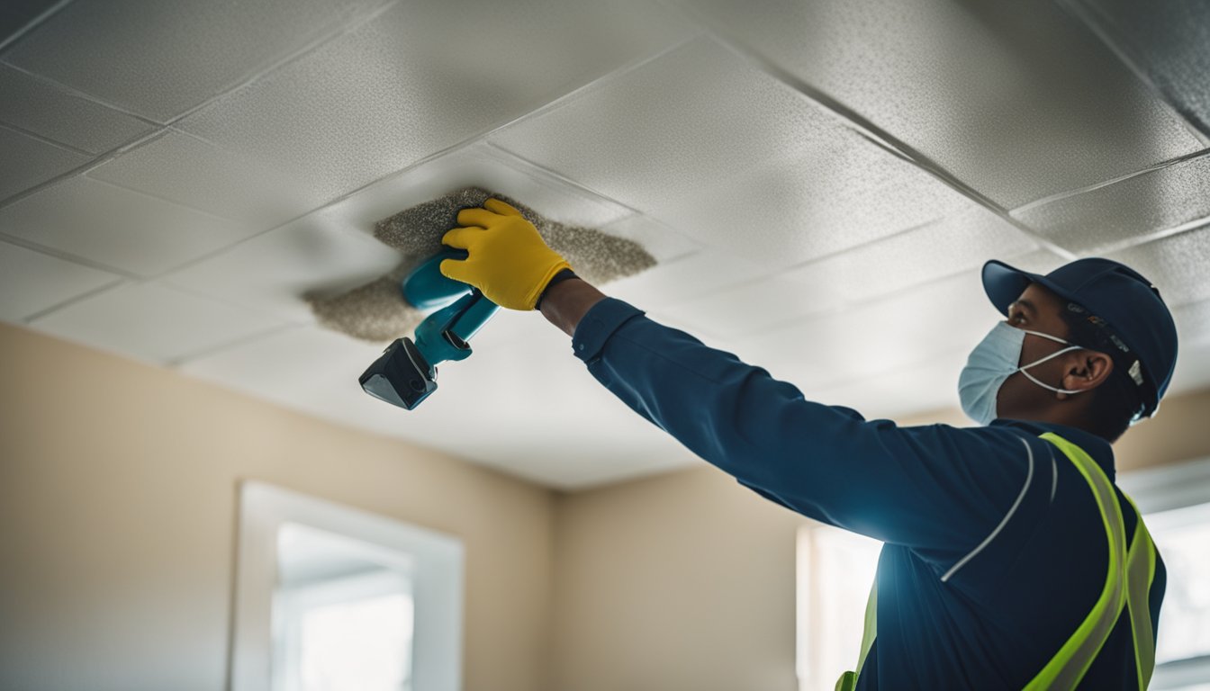 A worker sanding and smoothing a newly exposed ceiling after popcorn texture removal