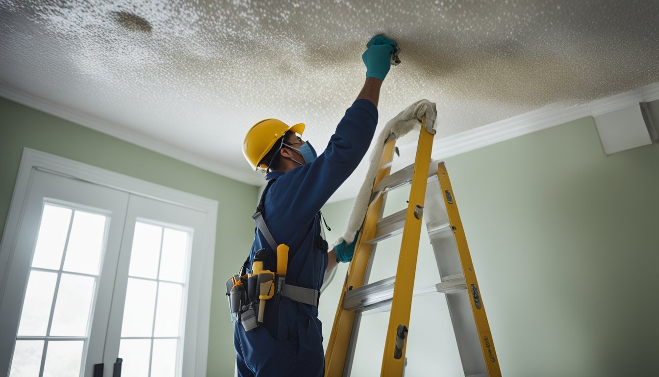 A worker scrapes away the textured popcorn ceiling in a Toronto home, using a ladder and protective gear while creating a clean and smooth surface
