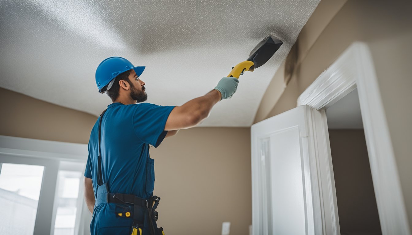 A worker scrapes a popcorn ceiling in a Toronto home, surrounded by plastic sheeting and holding a scraper tool