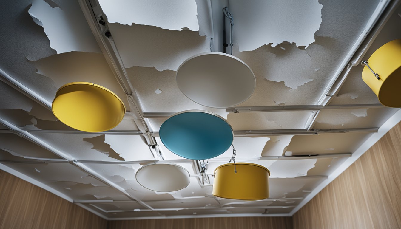 A ceiling with water stains and cracks, surrounded by buckets and tools