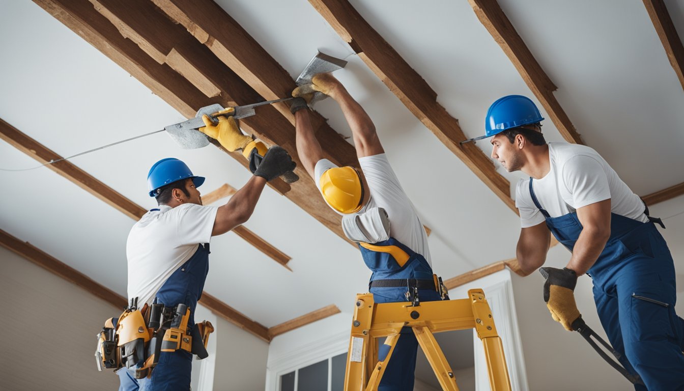 A group of contractors working on repairing ceilings in various homes across the Greater Toronto Area, using tools and materials to fix damaged areas
