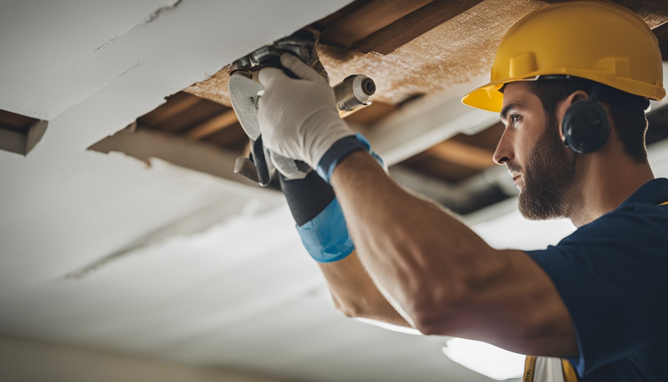 A contractor repairing a damaged ceiling in a Toronto home, using various techniques and tools