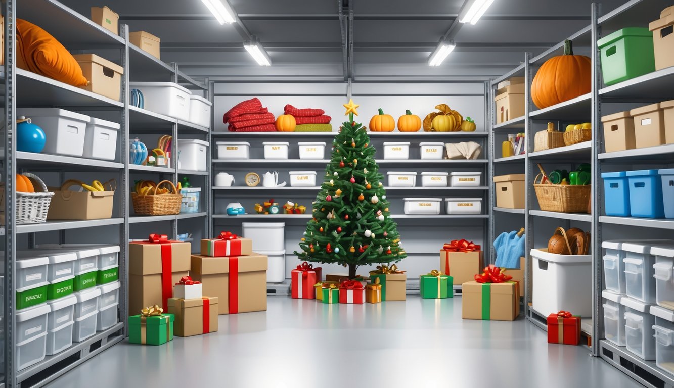 A neatly organized self storage unit with boxes of Christmas decorations and other seasonal items stored on shelves.