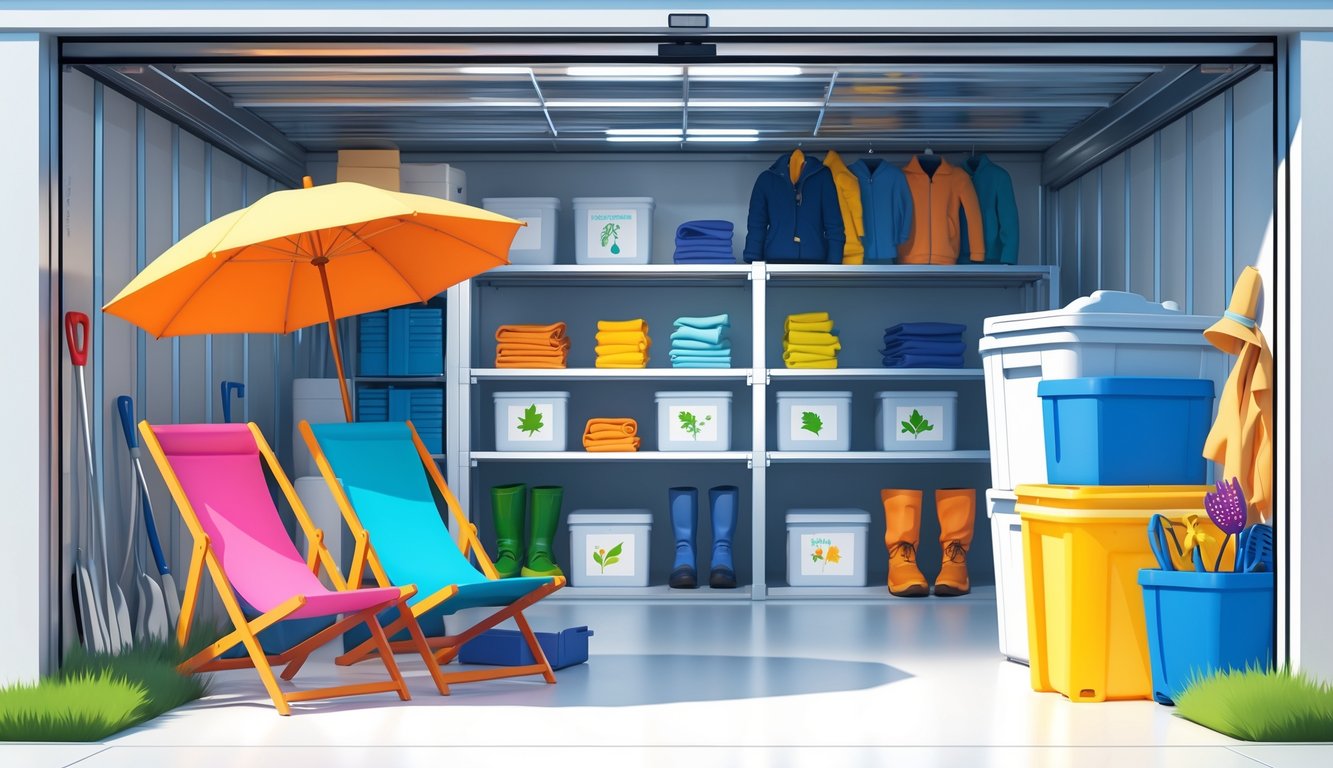 A storage unit interior with neatly arranged beach chairs and other seasonal items stored inside.