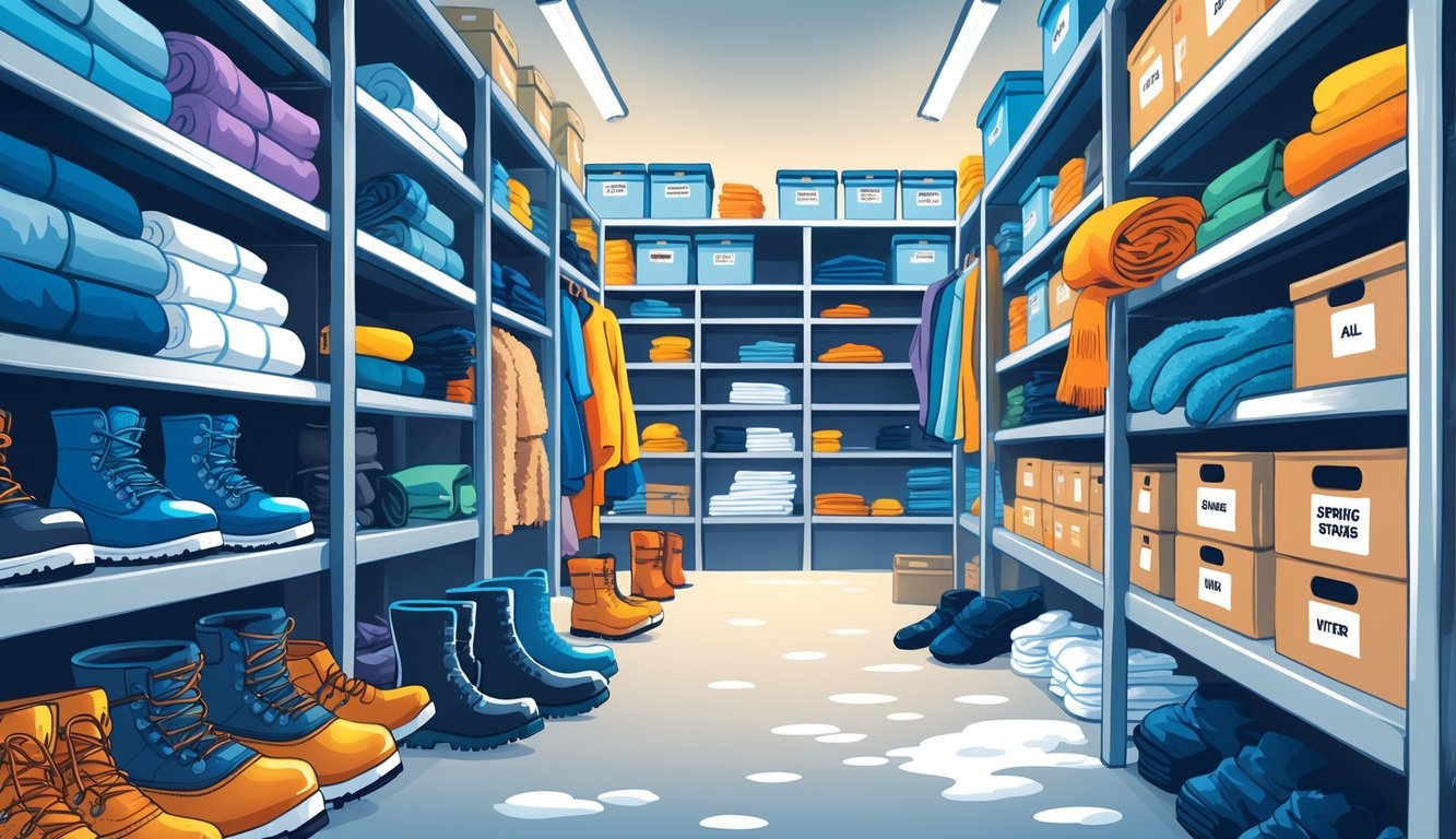 A self storage unit with shelves holding winter snow boots and other seasonal winter items like gloves and scarves.