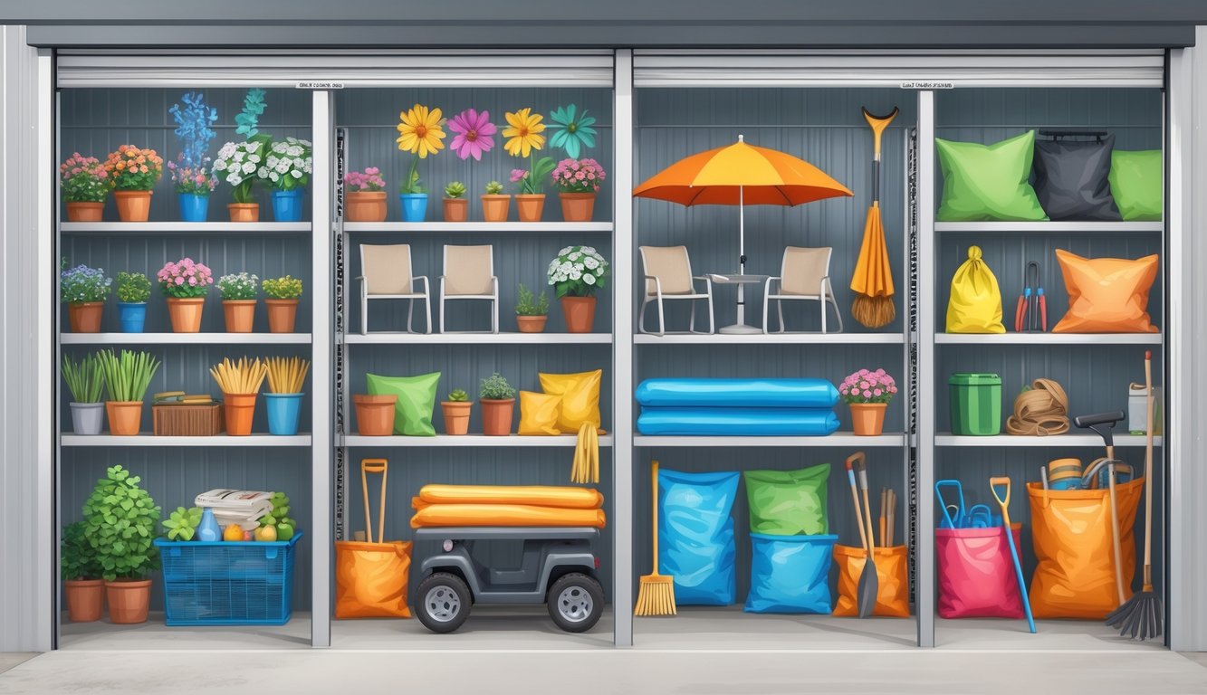 A self storage unit divided into four sections showing seasonal items like patio furniture, gardening tools, blankets, and holiday decorations neatly organized.