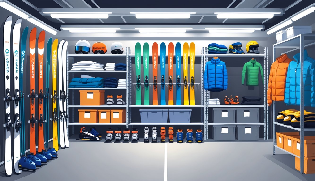 A self storage unit interior showing neatly organized ski equipment and seasonal storage items on shelves and in bins.