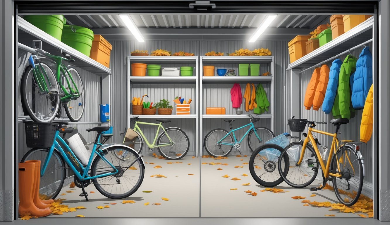 A self storage unit divided into four sections showing bicycles stored differently for spring, summer, autumn, and winter along with seasonal items.