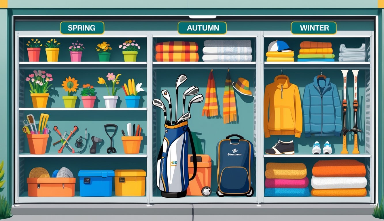 A self storage unit divided into four sections for each season, showing golf clubs and summer items in one section along with seasonal items for spring, autumn, and winter in the other sections.