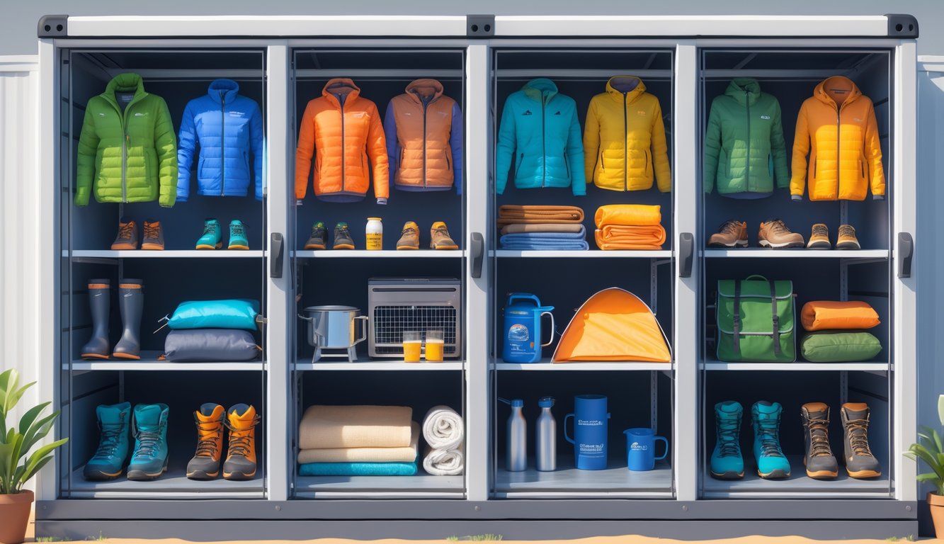 A storage unit divided into four sections showing camping gear organized by season: rain jackets and tents for spring, sleeping bags and grills for summer, blankets and hiking boots for autumn, and snow boots and thermal gear for winter.