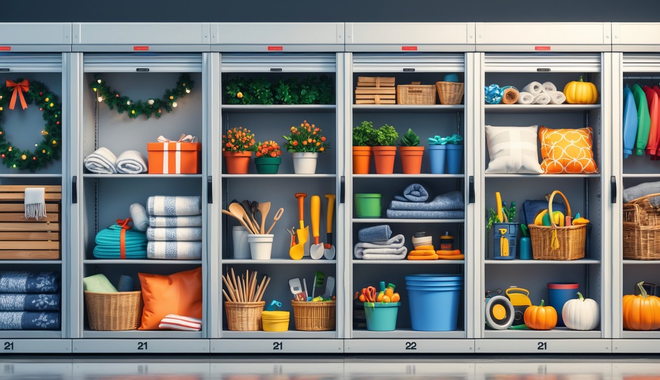 A self storage unit divided into four sections, each filled with seasonal items like holiday lights, gardening tools, beach gear, and fall decorations.
