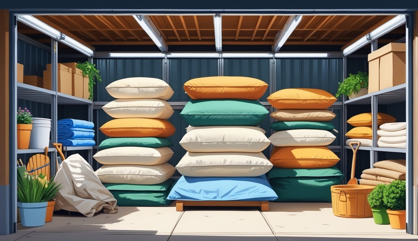 A neatly organized self storage unit with outdoor cushions stacked and stored alongside gardening tools and patio furniture covers.