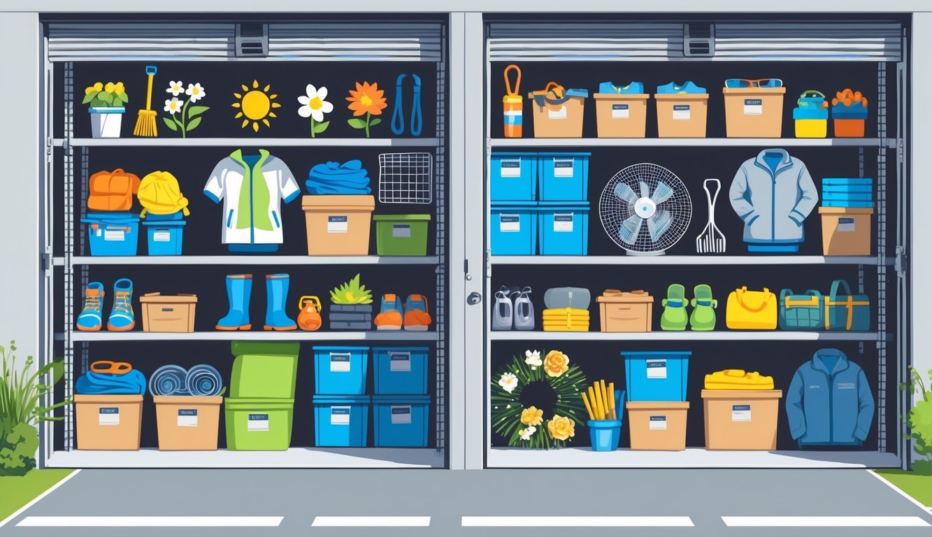 An organized self-storage unit divided into four sections showing seasonal items stored for spring, summer, autumn, and winter.