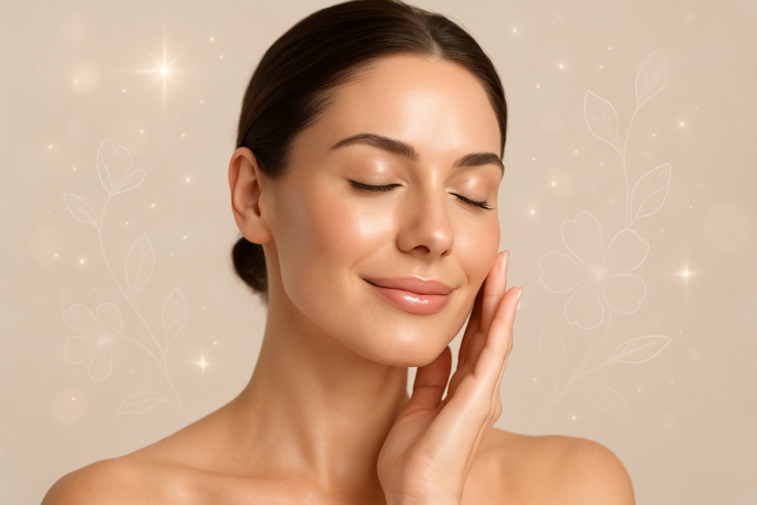 A woman with smooth, glowing skin gently touching her cheek, surrounded by soft light effects symbolizing skin rejuvenation.