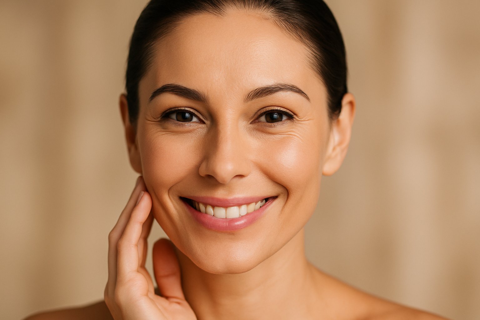Close-up of a smiling woman with smooth, wrinkle-free skin and a radiant complexion.