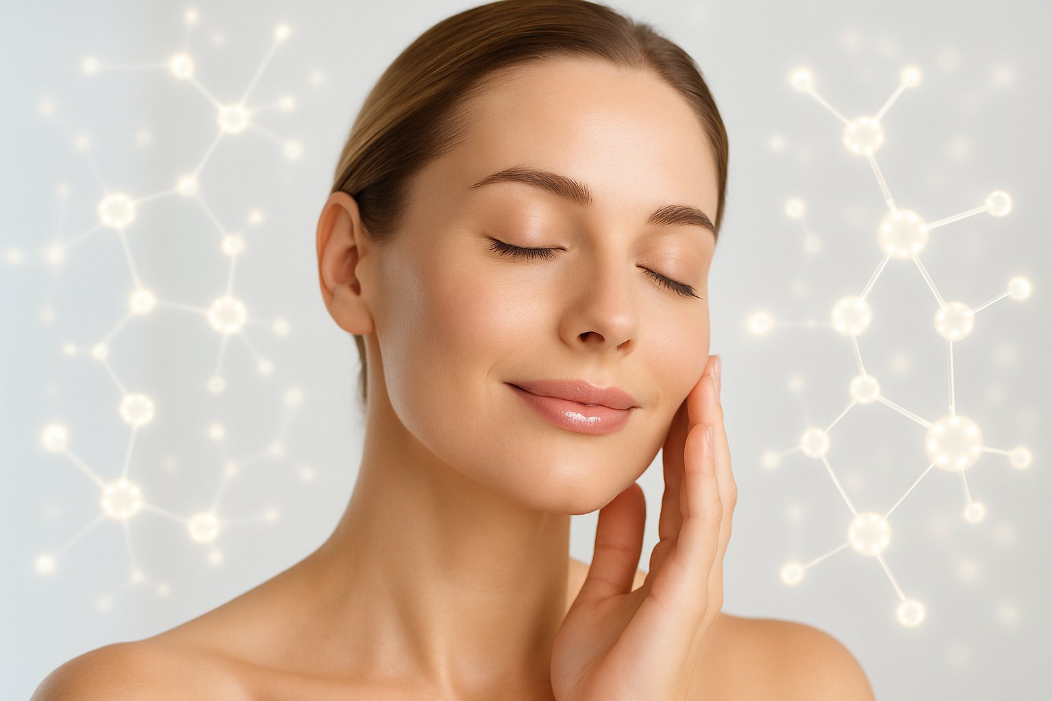 Close-up of a woman gently touching her cheek, showing smooth and firm skin with glowing abstract collagen fibers around her face.