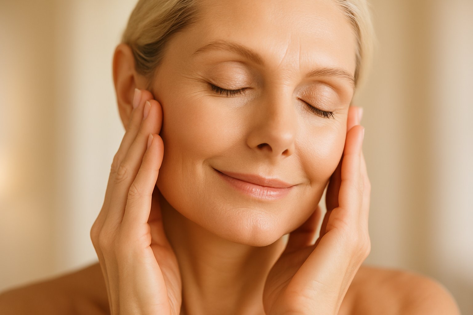 Close-up of a middle-aged woman gently touching her face near her eyes and mouth, showing smooth and youthful skin.