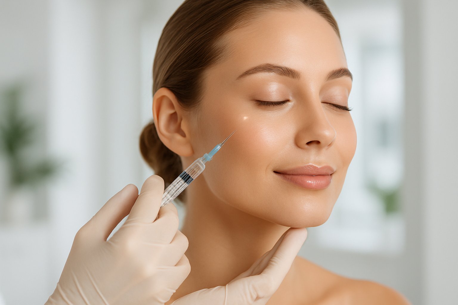 Close-up of a woman receiving a dermal filler injection in her cheek from a medical professional in a clinical setting.