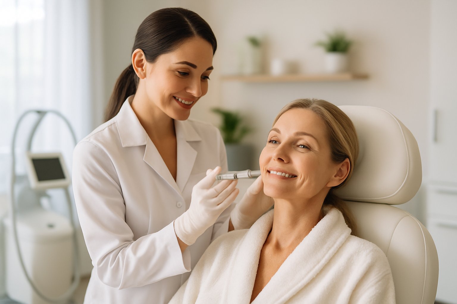 A dermatologist gently applying dermal fillers to a smiling woman in a bright medical spa room.