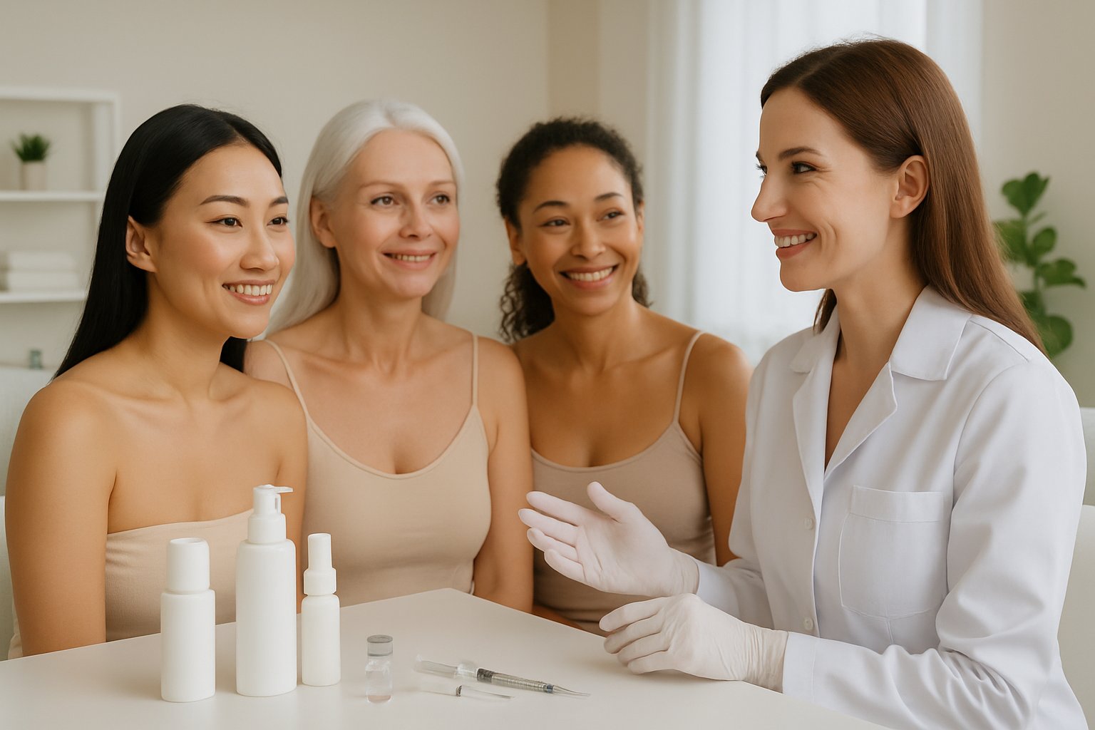 Three women consulting with a dermatologist in a bright, clean skincare clinic.