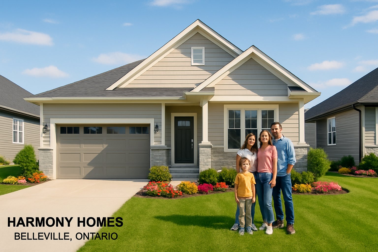 A modern new family home with a happy family standing outside in a green yard under a clear blue sky.