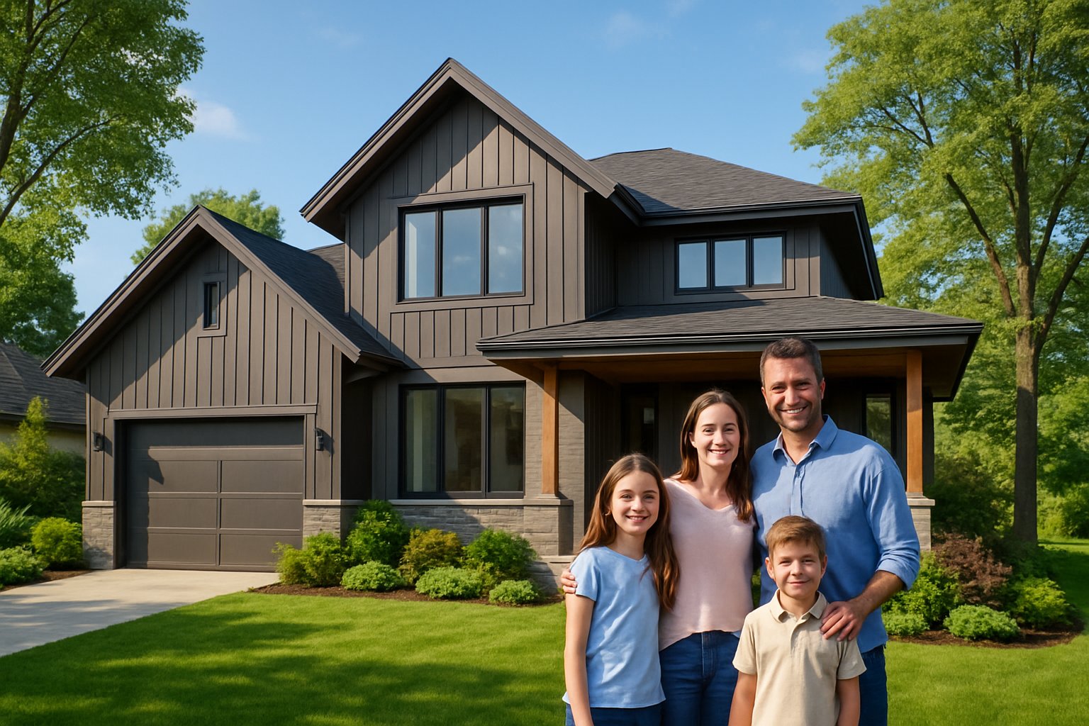 A happy family of four standing in front of a modern custom-built home surrounded by greenery on a sunny day.