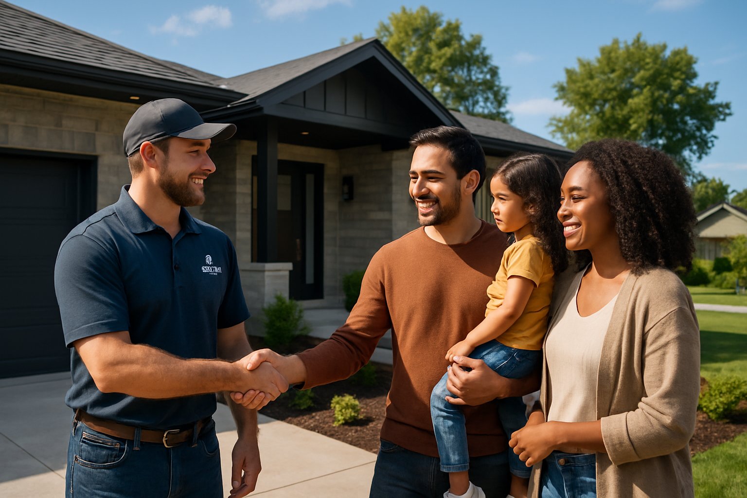 A family talking with a home builder outside a newly built modern house in a sunny neighborhood.