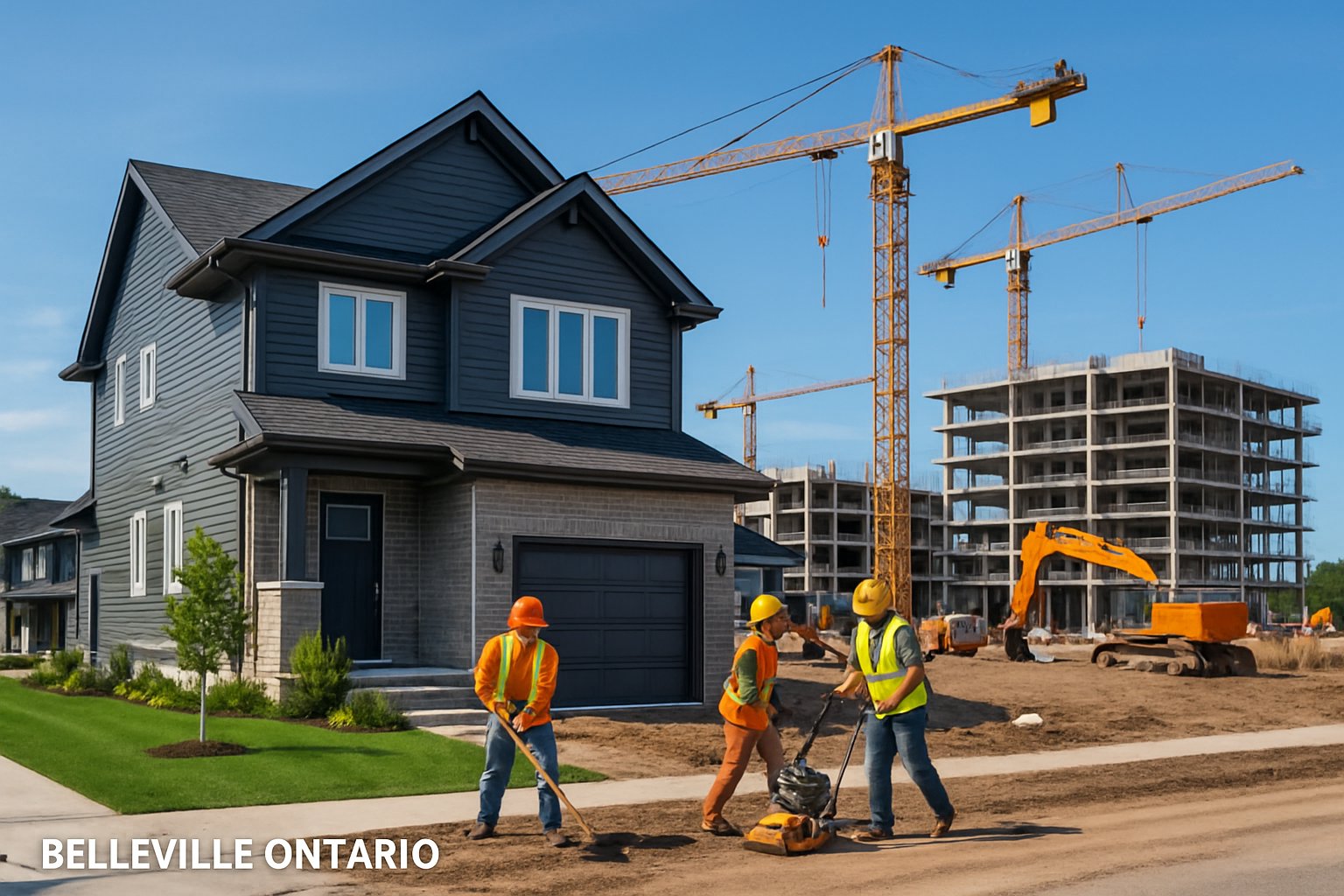 Construction workers building a new home and a commercial building in a sunny neighborhood.
