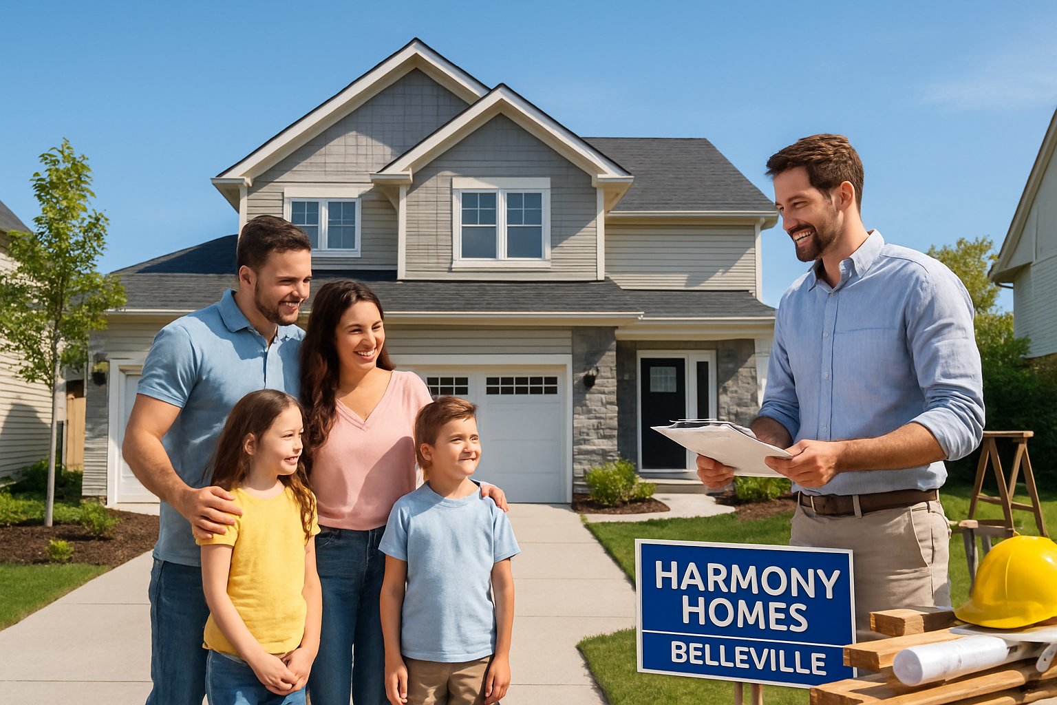 A happy family standing outside a newly built house with a representative showing them property plans on a sunny day.