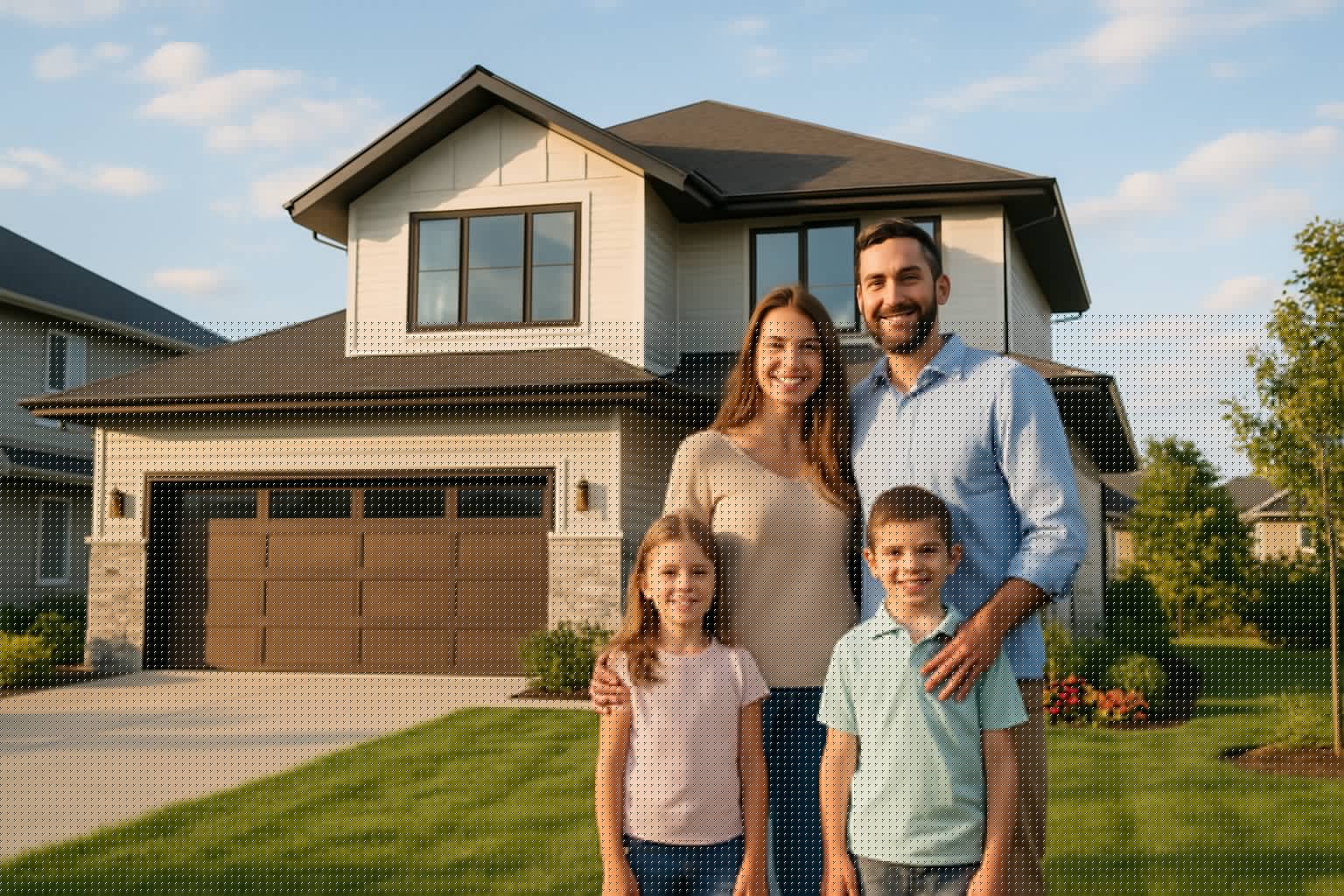 A happy family of four standing in front of a modern newly built house with a green lawn and flowers on a sunny day.