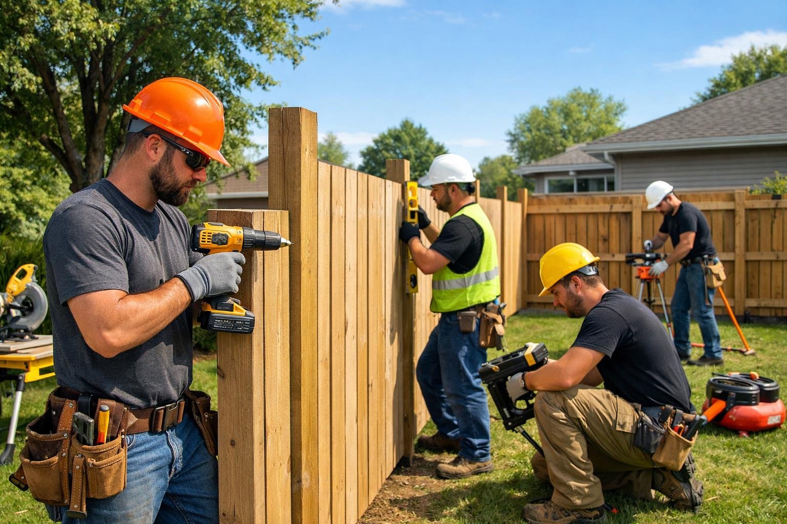 A team of workers installing a wooden fence around a house on a sunny day.