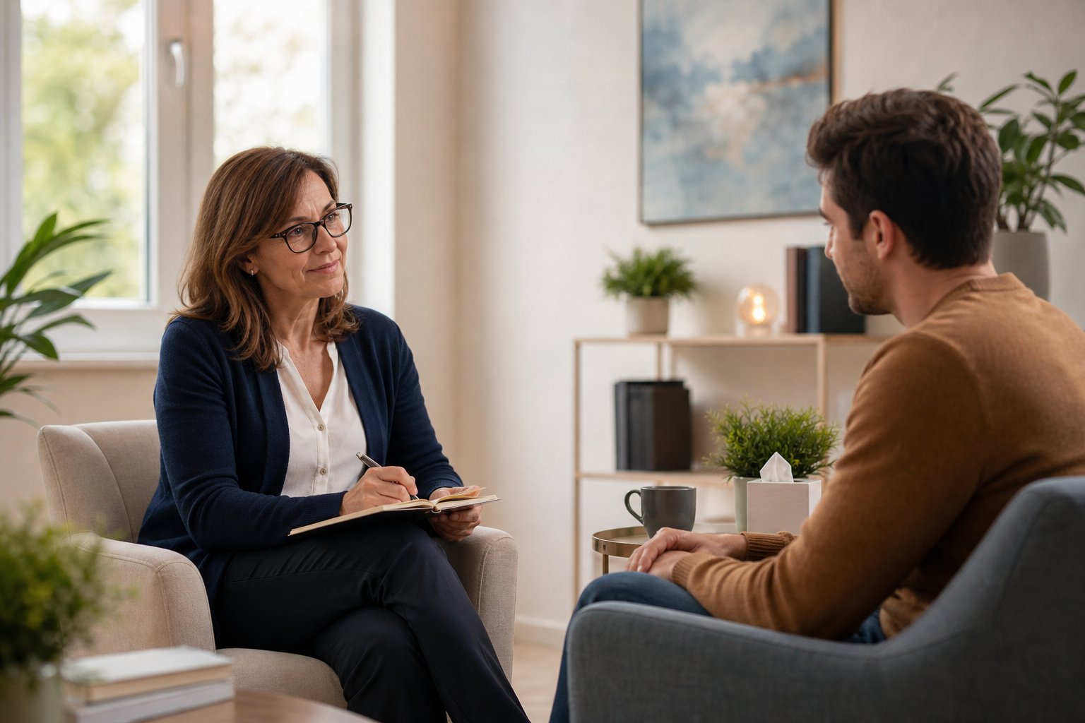 A psychotherapist attentively listening to a client in a calm, well-lit therapy office.