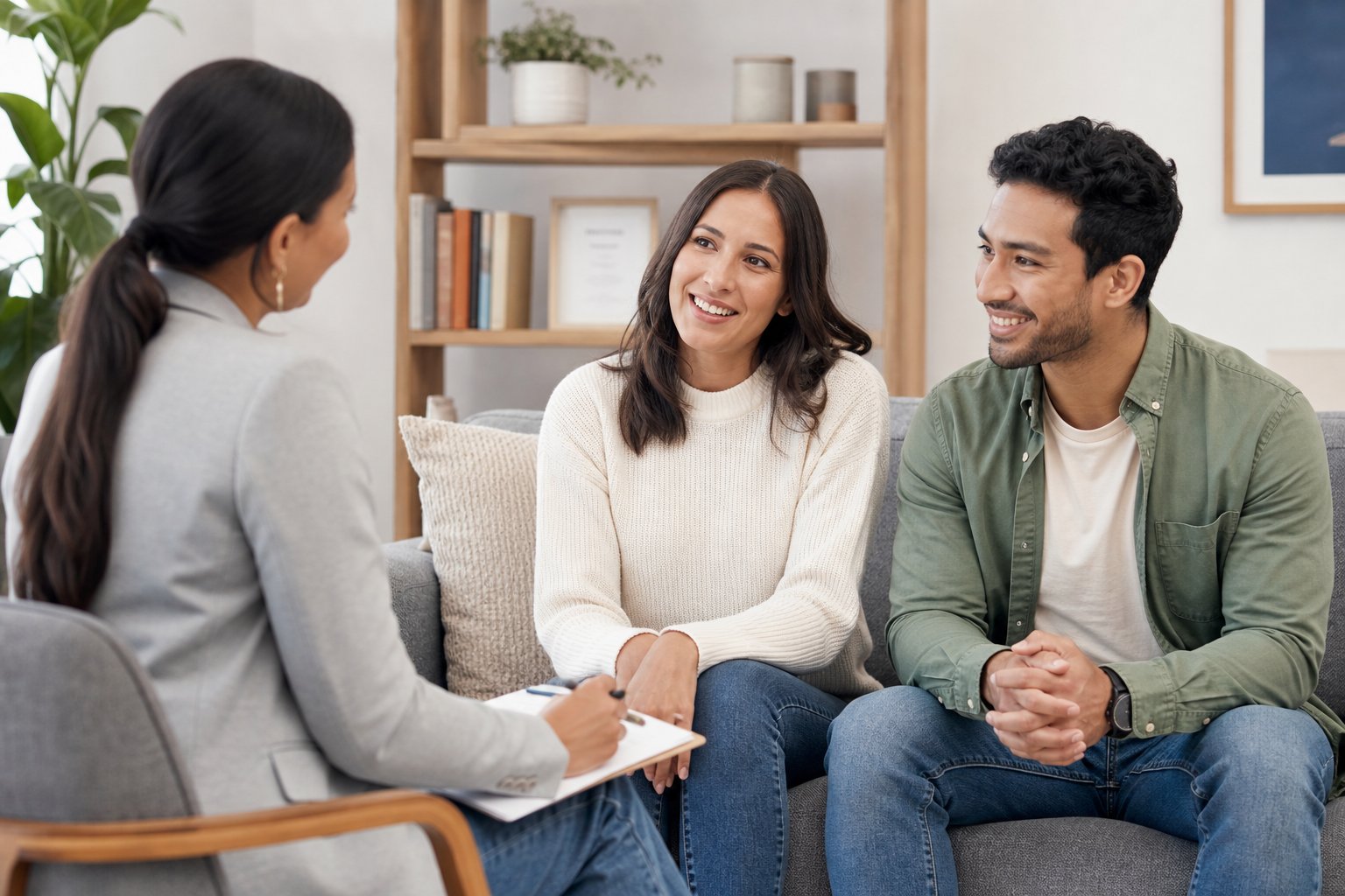 Three adults in a therapy session sitting together in a bright office, engaged in a supportive conversation.